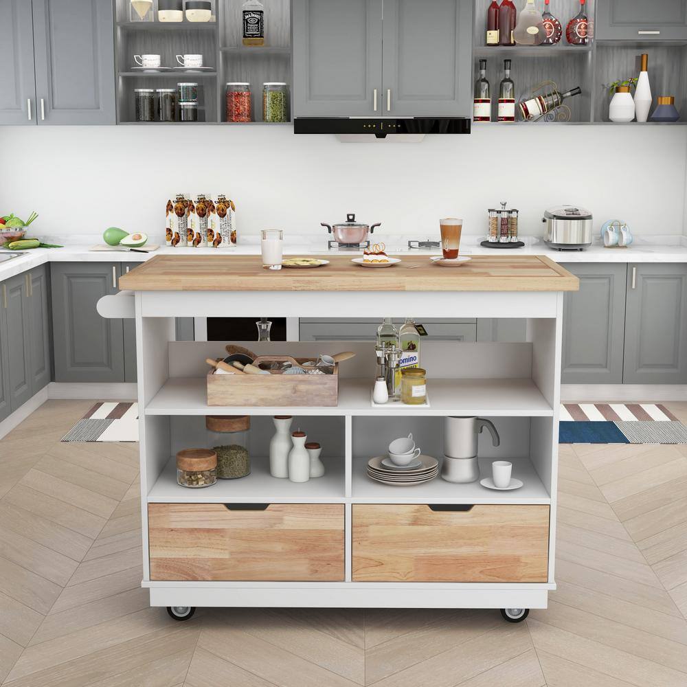 Polibi Large Storage Capacity White Kitchen Cart Rolling Mobile Kitchen Island Solid Wood Top with 2 Drawers Tableware Cabinet MB-LSCBK-W