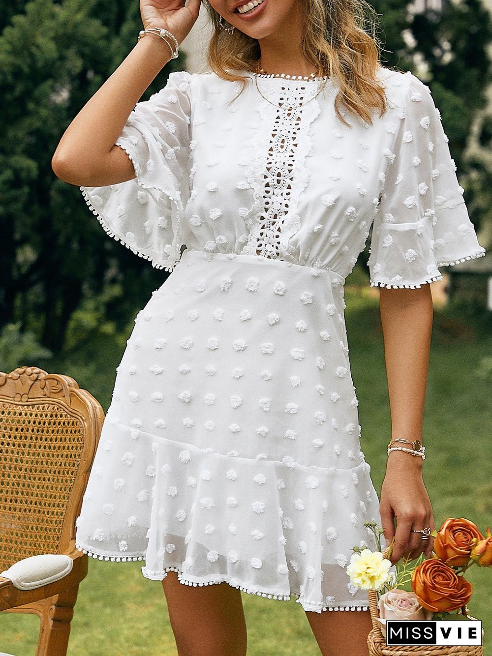 Women'S Dresses Jacquard Polka Dot Lace Fringed Dress