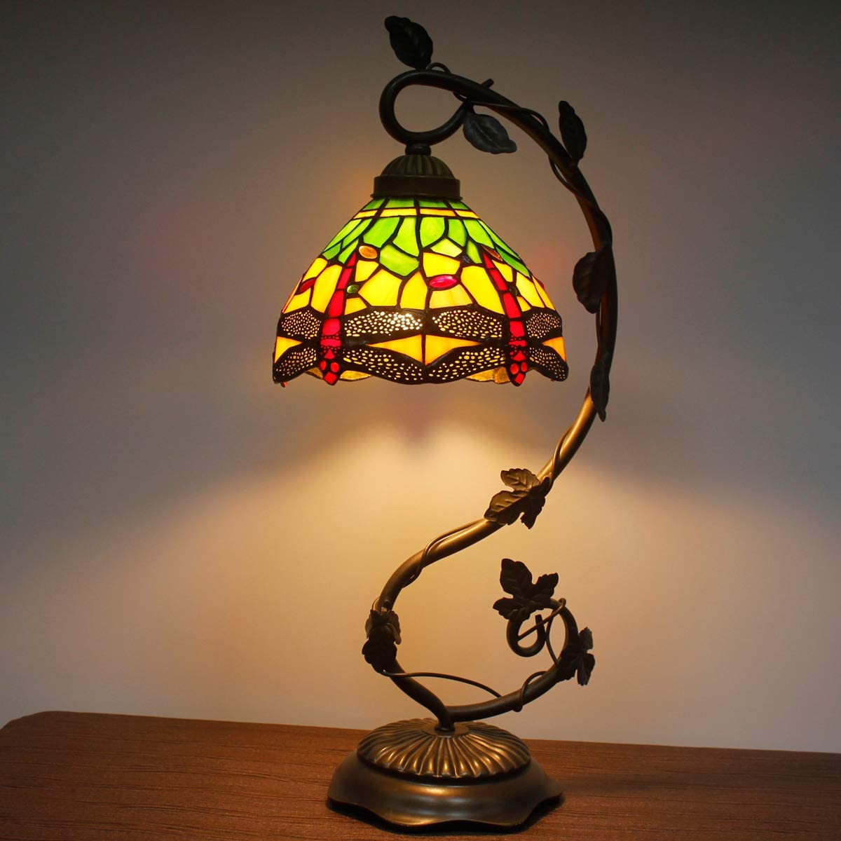 SHADY Tiffany Lamp Green Yellow Stained Glass Dragonfly Style Table Lamp Metal Leaf Base 8X10X21 Inches Desk Light Decor Small Space Bedroom Home Office S009G Series