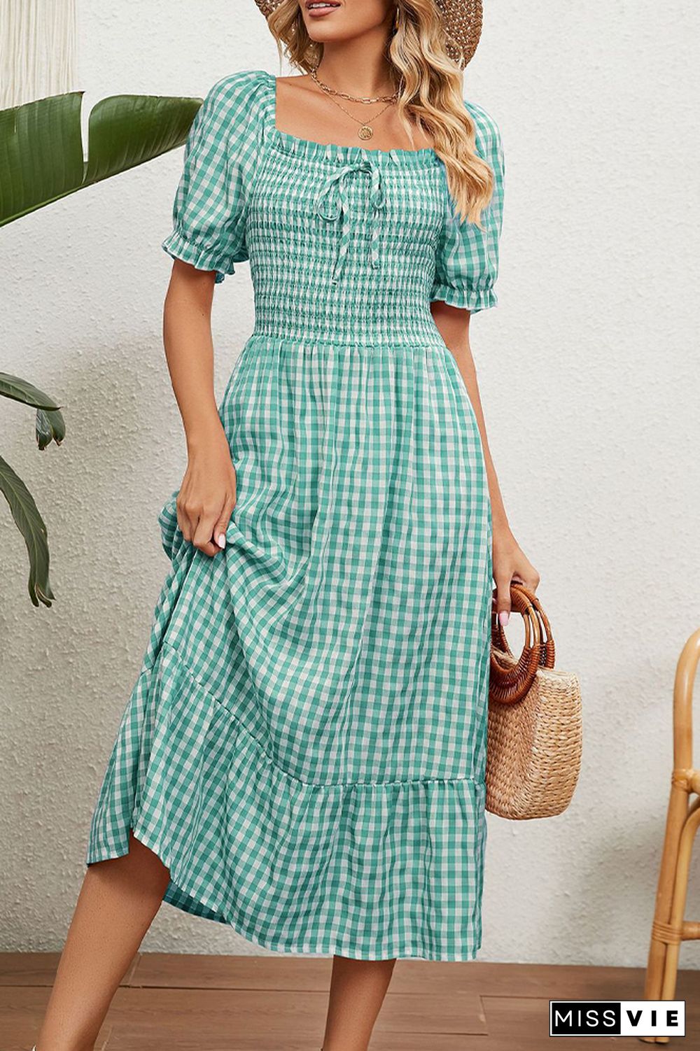 Square Neck Plaid Long Dress