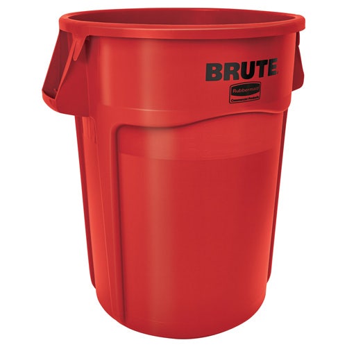 Rubbermaid Brute 44-Gallon Round Trash Can Kit with Domed Lid and Dolly， Red