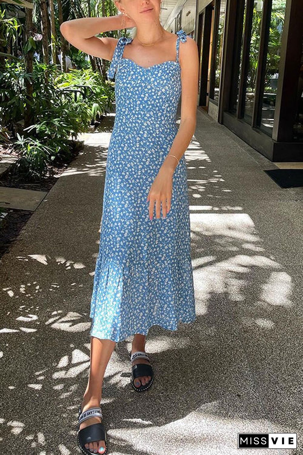 Print Tie Slip Slim Midi Dress