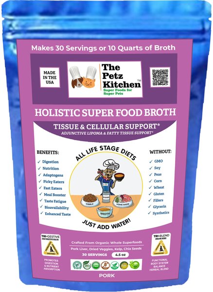 The Petz Kitchen Holistic Super Food Broth Tissue and Cell Support Pork Flavor Concentrate Powder Dog and Cat Supplement， 4.5-oz bag