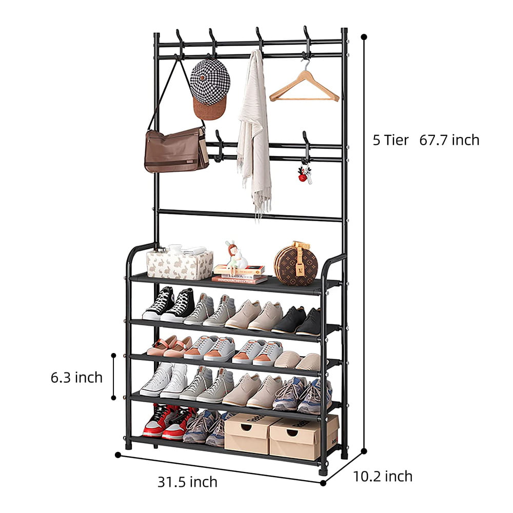 3 in 1 Entryway Coat Rack with Bench， Hall Tree Shoe Rack with 5 Shelves Storage for Organizer， 8 Hanger Hooks， Black