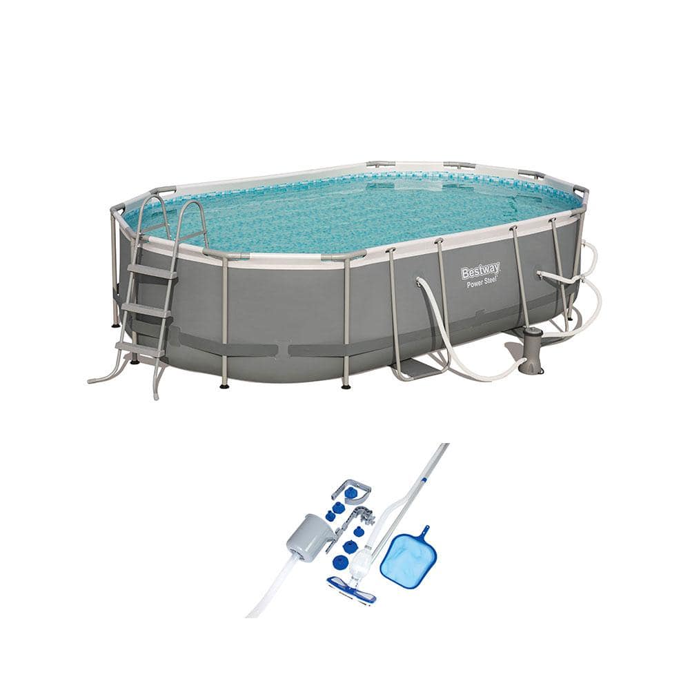 Bestway Steel 16 ft. x 10 ft. Metal Above Ground Pool Set and Maintenance Kit 56655E-BW + 58237E-BW