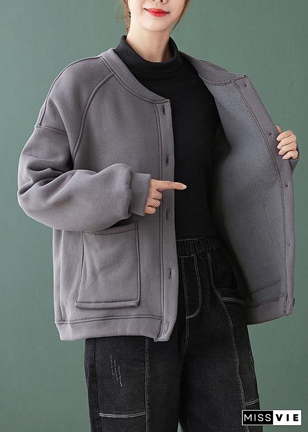 Natural gray Fine coat for woman Gifts o neck Button Down coats