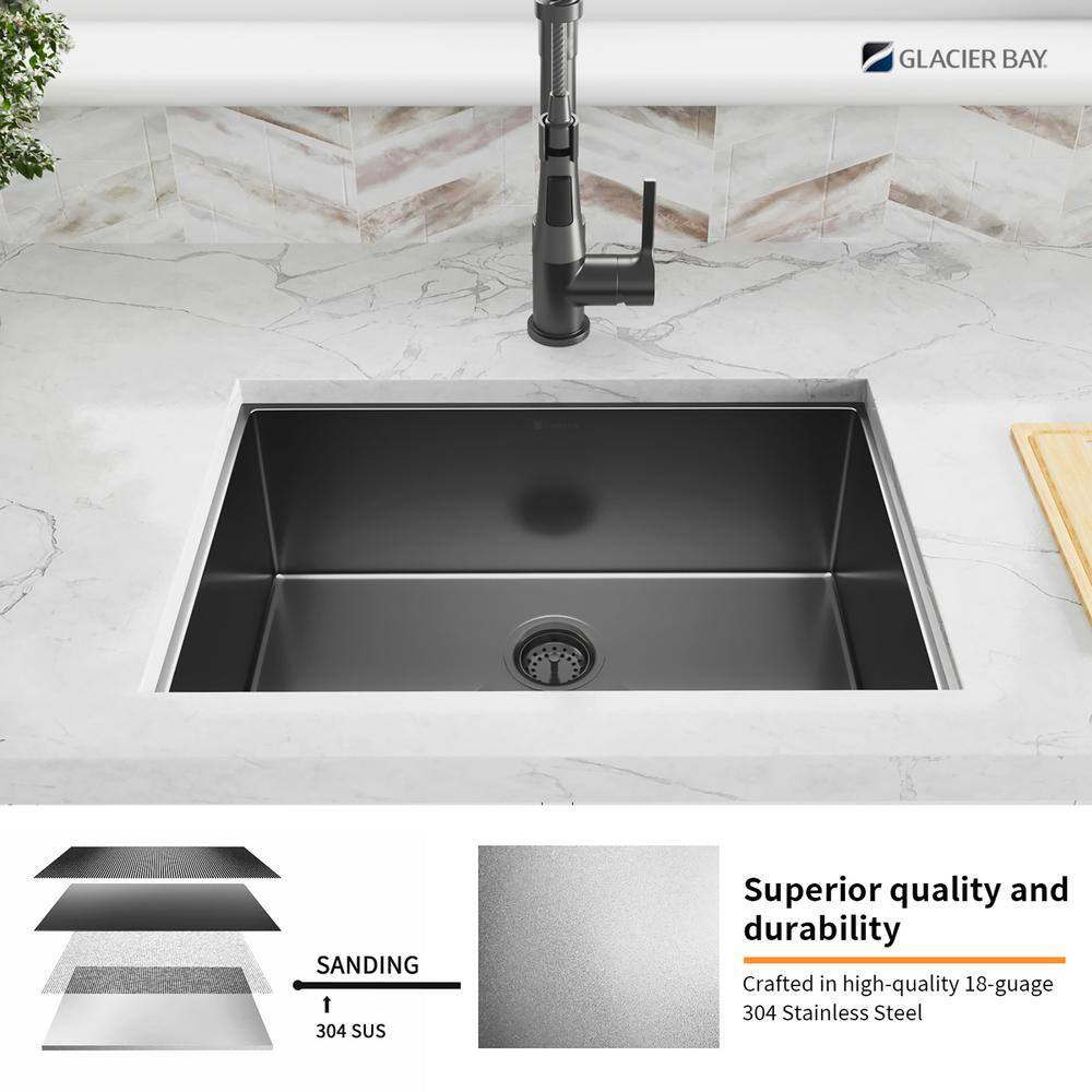 Glacier Bay Gunmetal Black Stainless Steel 27 in. 18-Gauge Single Bowl Undermount Kitchen Sink with Black Spring Neck Faucet ACS2718A1-F