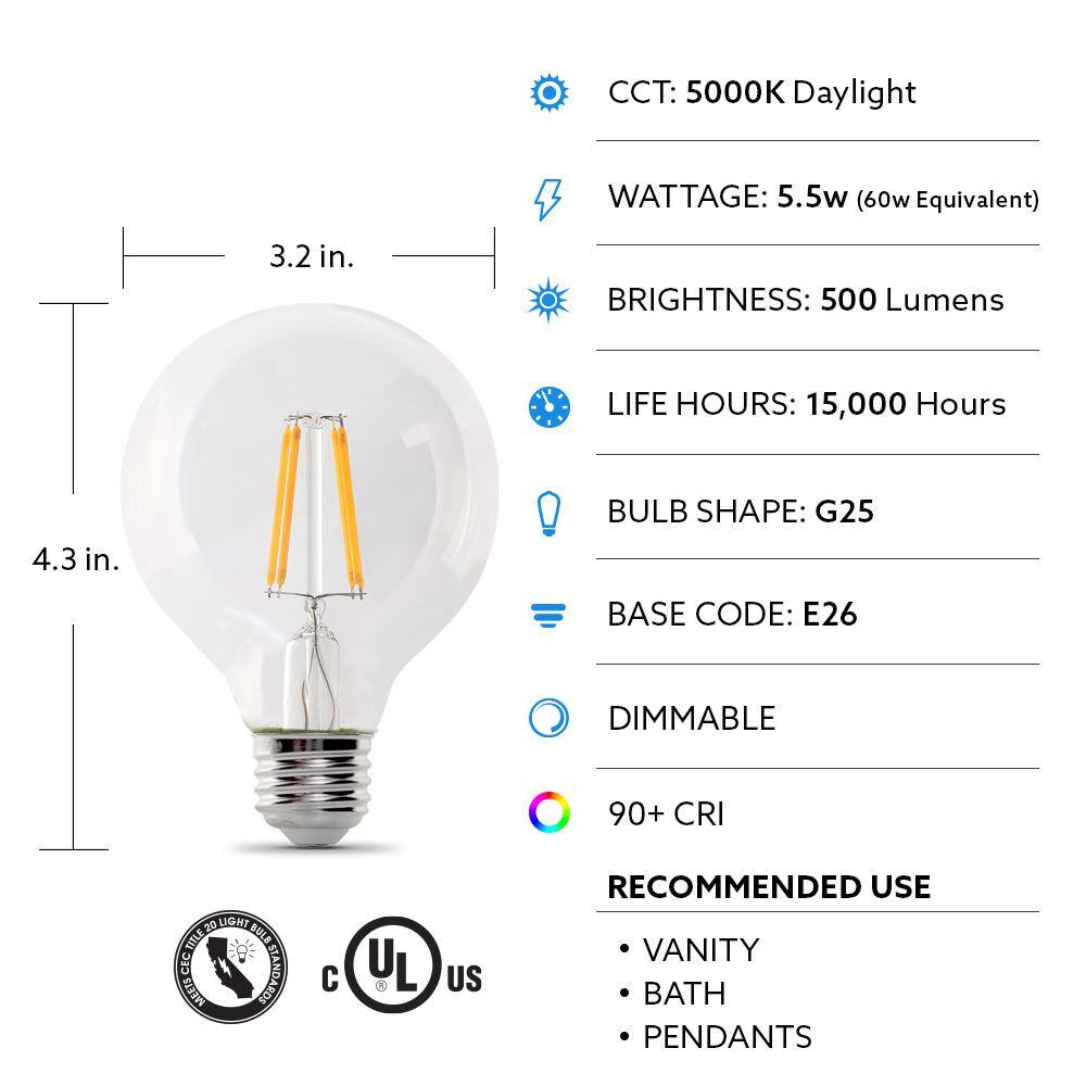 Feit Electric 60-Watt Equivalent G25 Dimmable Filament ENERGY STAR Clear Glass LED Light Bulb Daylight (3-Pack) G2560950CAFIL3RP