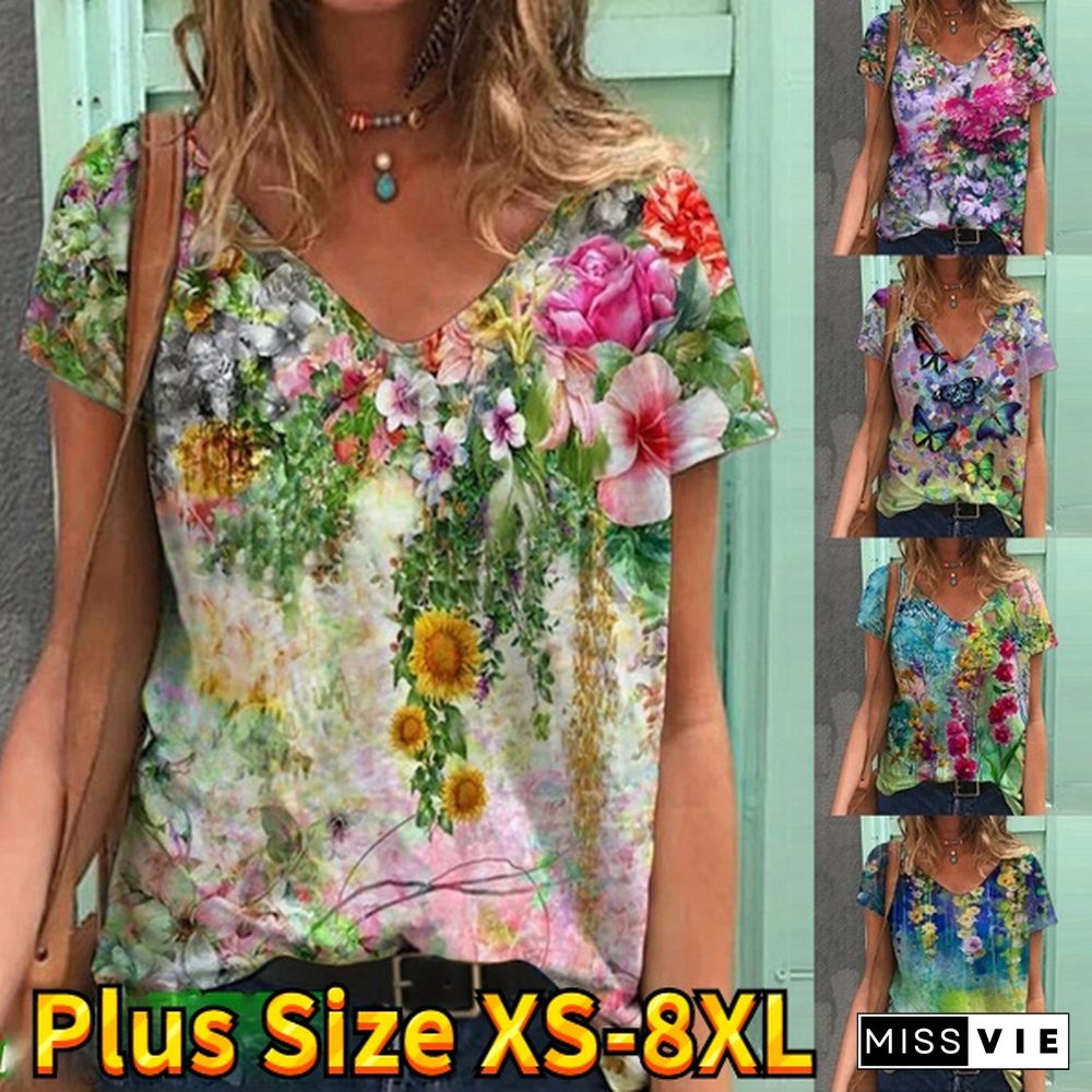 Fashion Plus Size Women Short Sleeve Flower Printed V-Neck Tops Tee T-Shirt Blouse XS-8XL