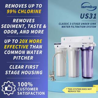 ISPRING 3-Stage Under Sink High Capacity Tankless Drinking Water Filtration System-Includes Sediment 2x Cto Carbon Block Filters US31