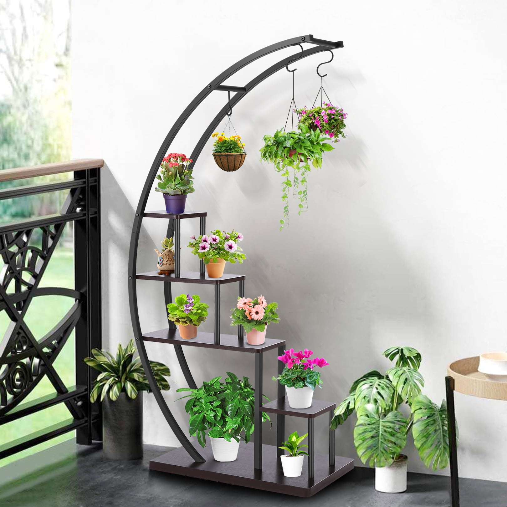 SEJOV 5 Tier Plant Stand for Indoor Plants, Half Moon Shape Plant Shelf with Hanging Hook, Multiple Planter Display for Home Decor, Living Room, Balcony, and Bedroom