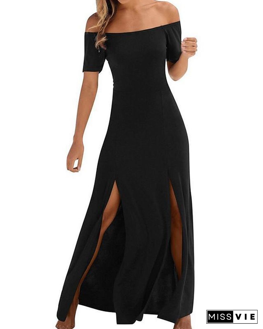 Women's A-Line Dress Maxi long Dress Short Sleeve Solid Color Summer Sexy  Black S M L XL Black Dresses