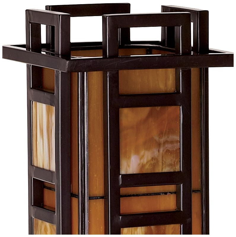 Robert Louis Tiffany Mission Accent Table Lamp Bronze Iron Column Amber Stained Glass for Living Room Family Bedroom Office