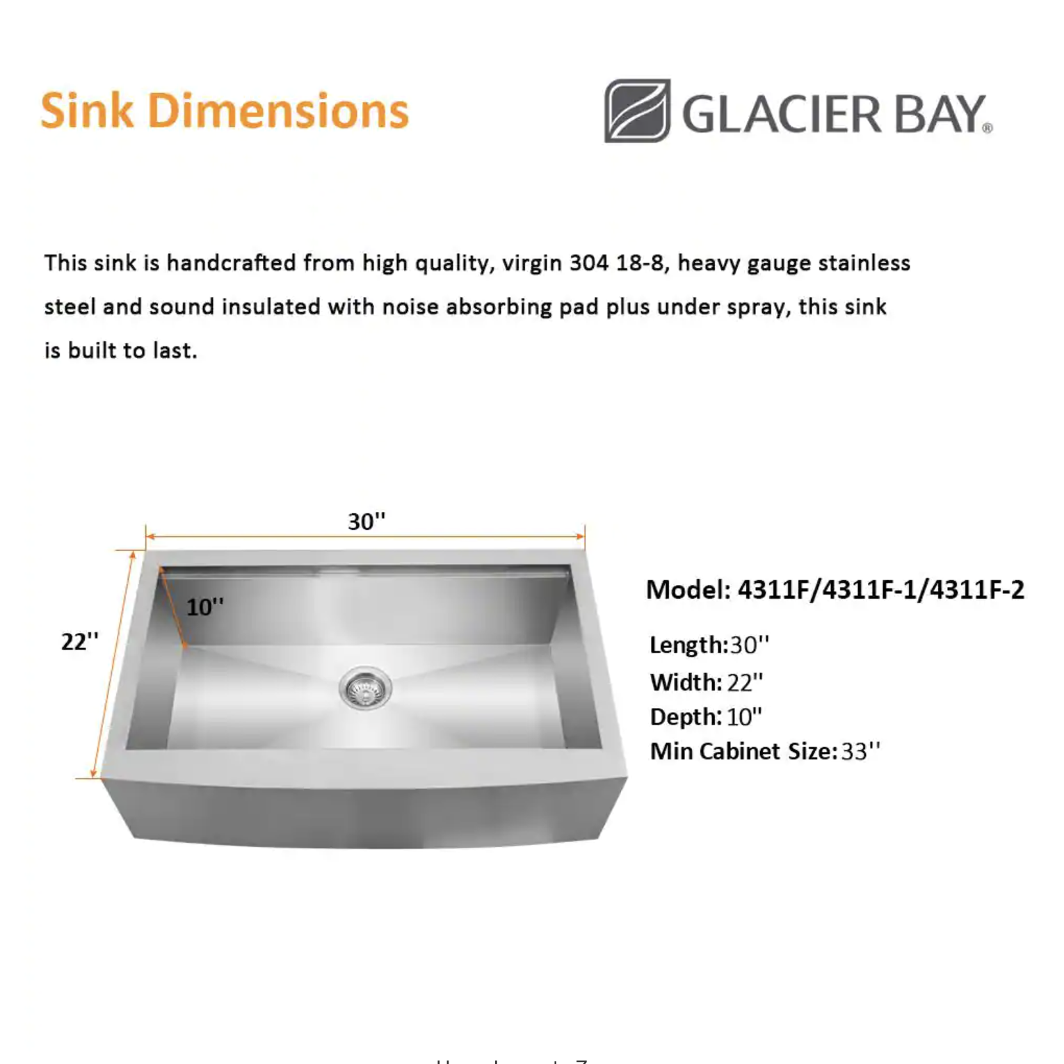 Glacier Bay 4311F Zero Radius Farmhouse Apron-Front 18G Stainless Steel 30 in. Single Bowl Workstation Kitchen Sink with Accessories