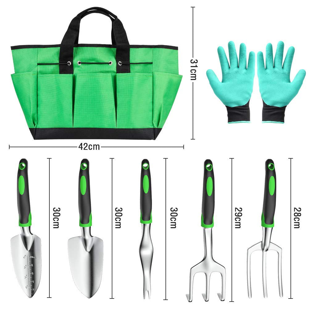 Koovon 7 Pcs Garden Tool Set with Aluminum Head Non-Slip Handle Includes Trowel Transplanting Cultivator Weeding Fork Garden Bag Gloves, Green