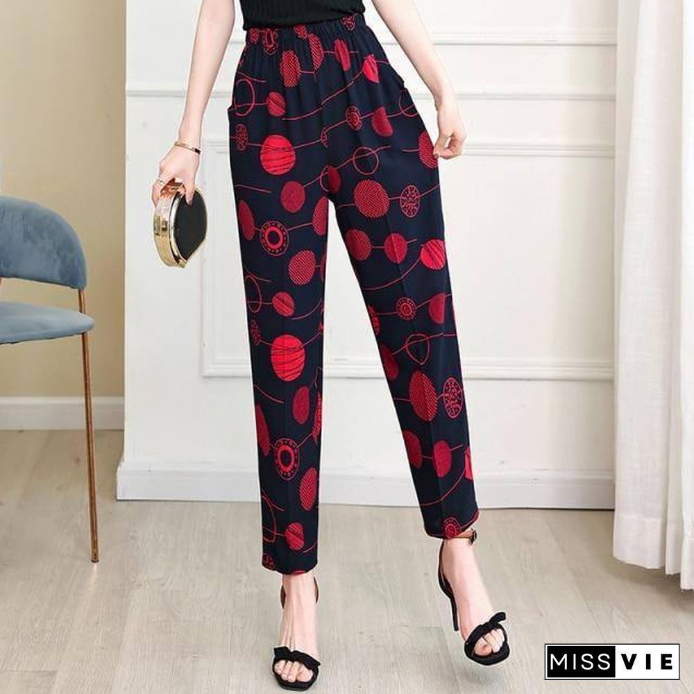 22 Colors Women Summer Casual Pencil Pants XL-5XL Plus Size High Waist Pants Printed Elastic Waist Middle Aged Women Pants