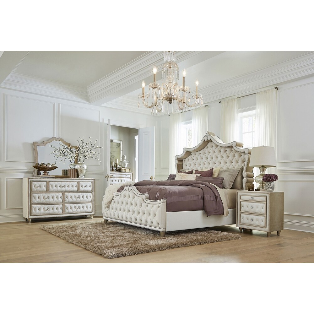 Coaster Furniture Antonella 5 Piece Upholstered Tufted Bedroom Set Ivory/Camel And Grey