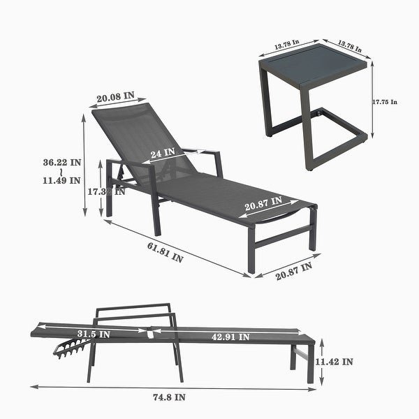 3 Pieces Set Grey Outdoor Adjustable Aluminum Recliners， Chaise Lounge Chairs With Table