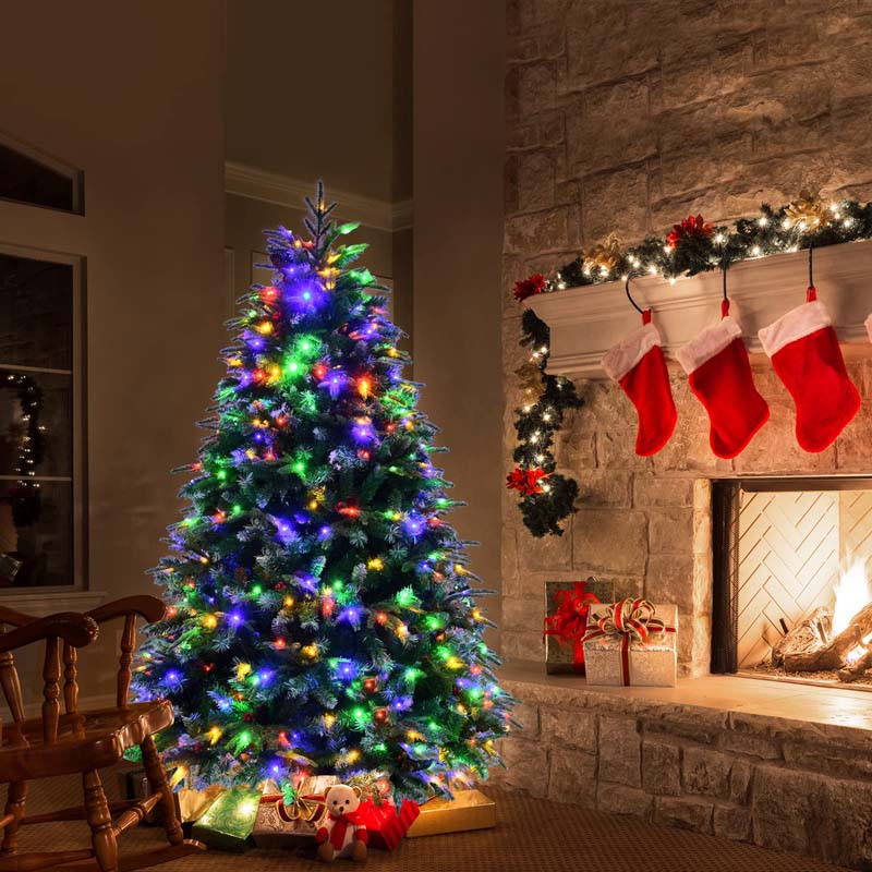 5/6/7/9FT Snowy Leaves Pre-Lit Hinged Artificial Christmas Tree with 11 Flash Modes & Multi-Color Lights