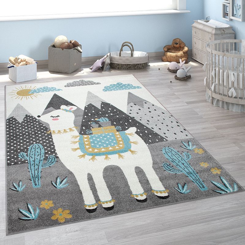 Kids Rug for Nursery Mountains and Llama Motif in Grey Blue Cream