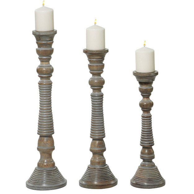 Set Of 3 Traditional Style Turned Column Wood Candle Holders Gray Olivia amp May