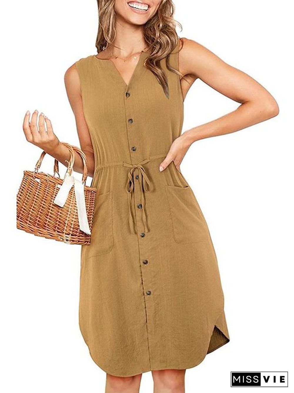 Women's Casual Sleeveless V-neck Button Lace-up Pocket Dress