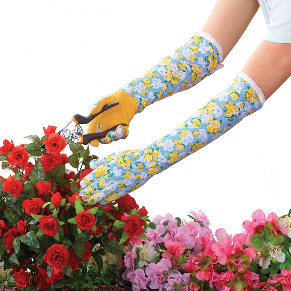 Collections Etc Long Sleeve Floral Garden Gloves to Protect Your Hands and Arms from Scrapes, Bugs, Thorns, Poison Ivy and More, Blue