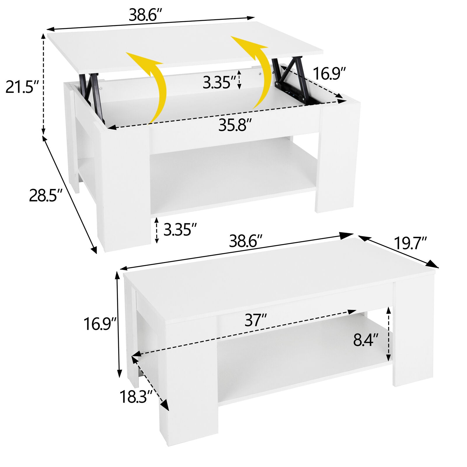 ZENSTYLE Rectangular Lift Top Coffee Table MDF Pop-up Storage, White