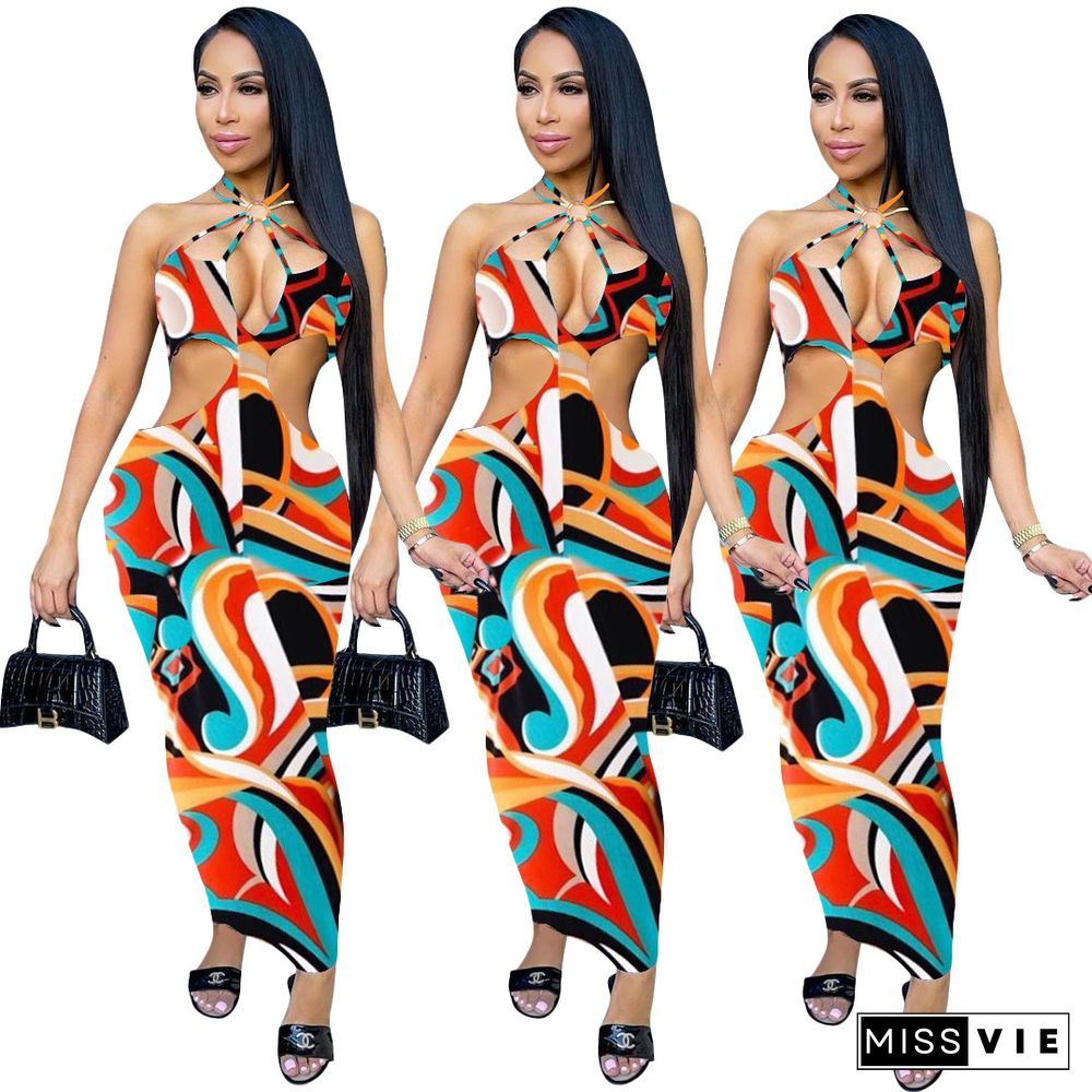 Fashion Print Sleeveless Halter Hollow Out High Waist Strechy Bodycon Maxi Floor Length Nightclub Women Dresses