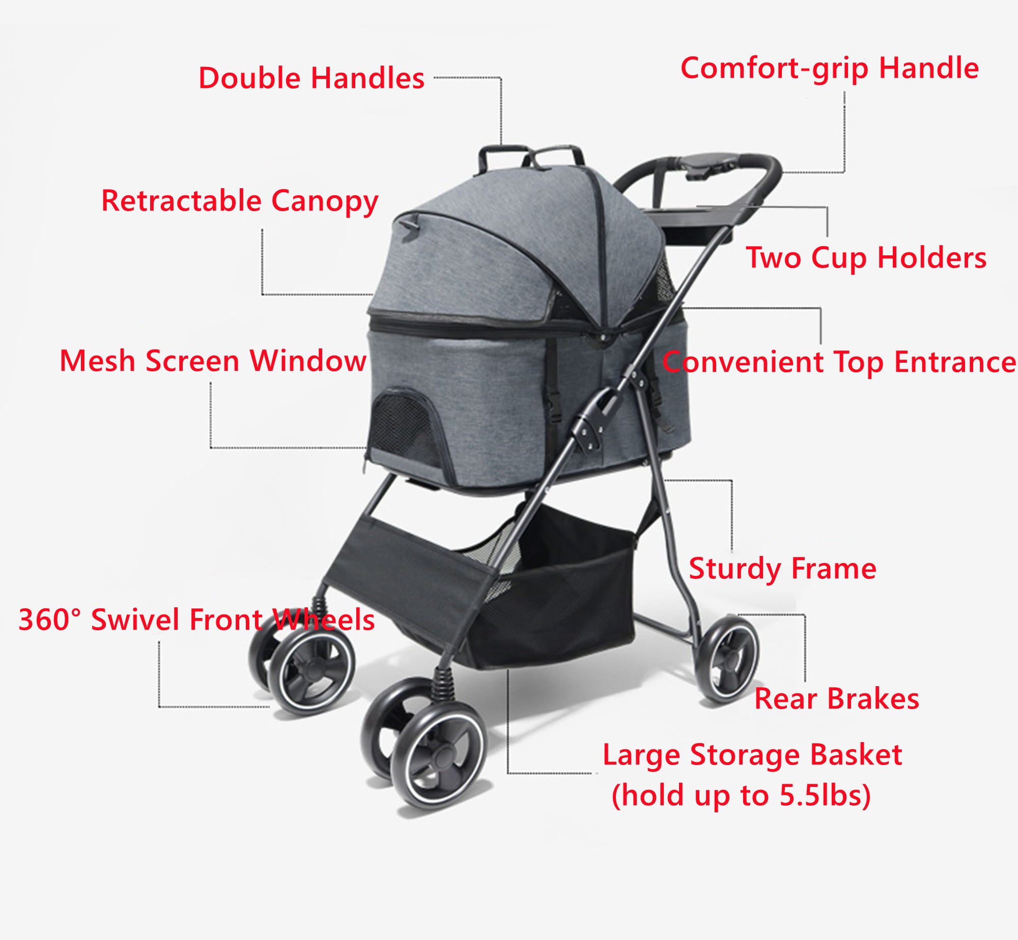 3 in 1 Folding Pet Stroller with Detachable Carrier for Small Dog Cat