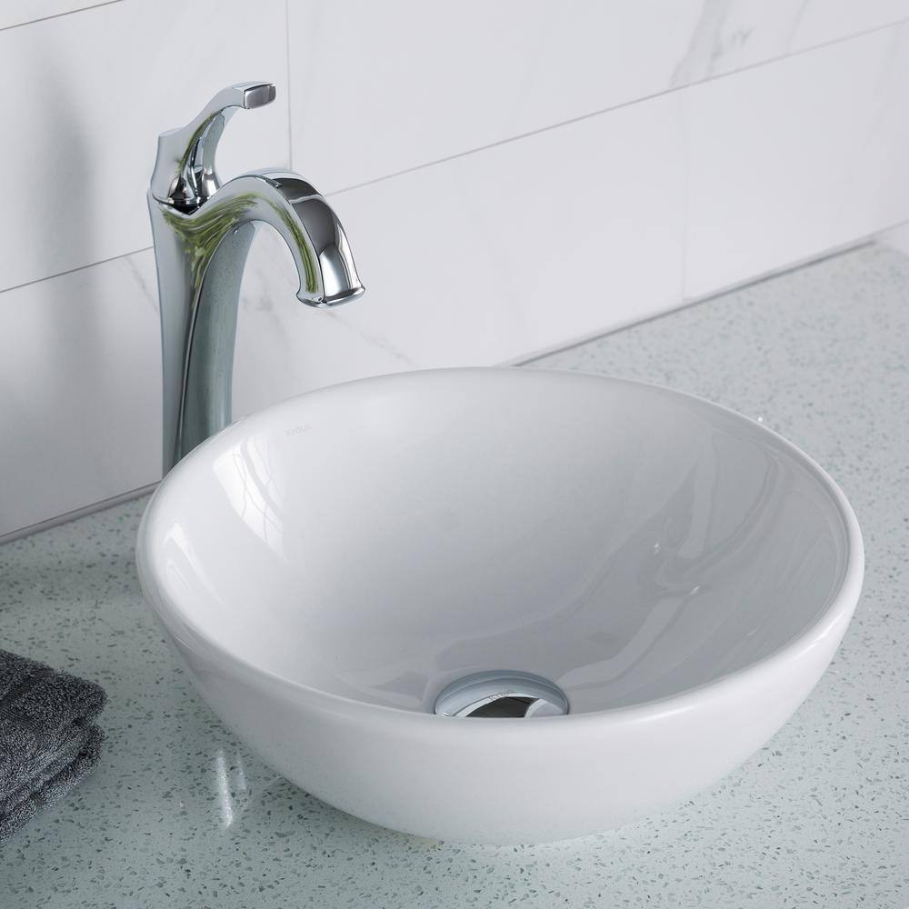 KRAUS Elavo Small Round Ceramic Vessel Bathroom Sink in White KCV-341