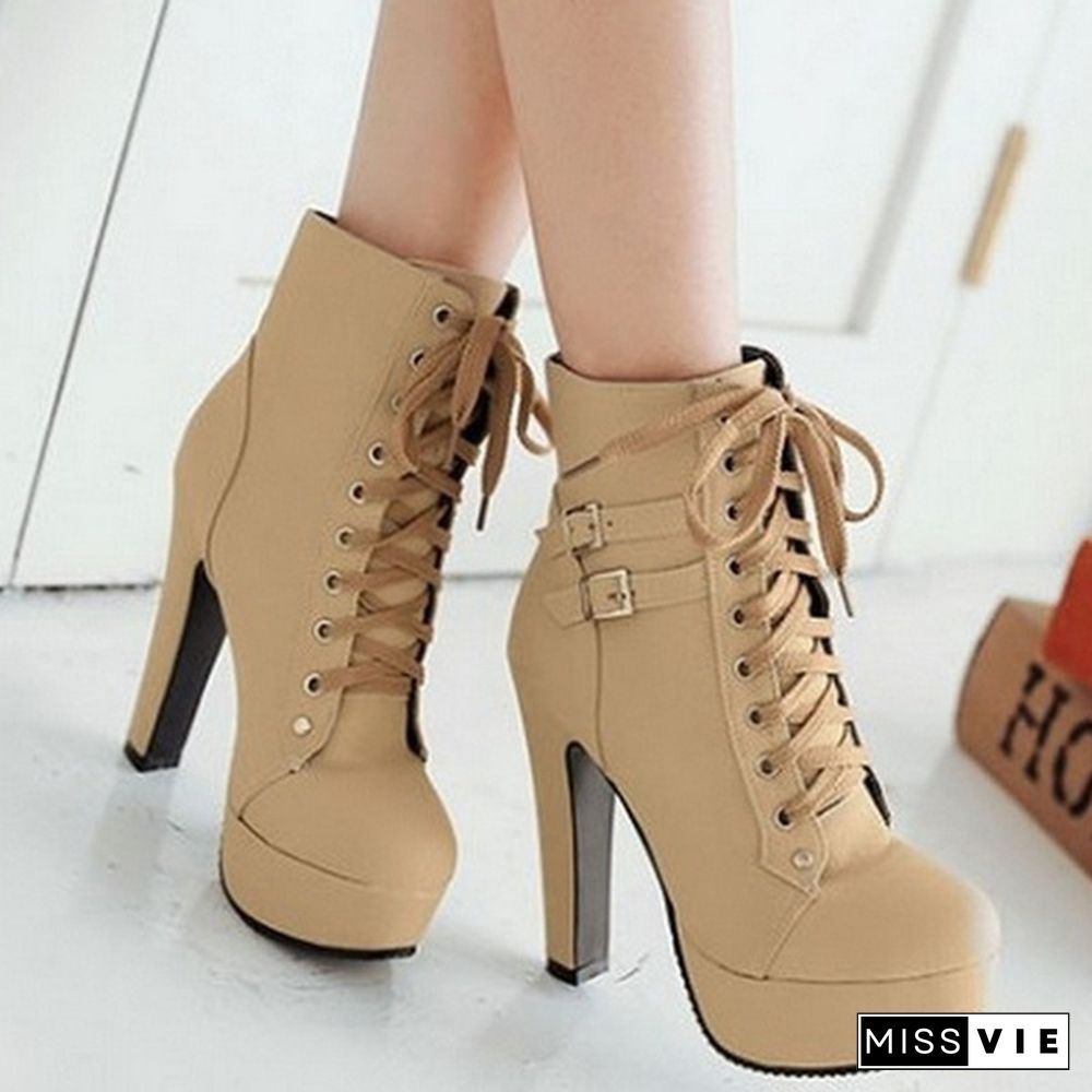 New Women Fashion Short Boots Comfortable High Heel Waterproof Platform Coarse Heel Middle Barrel Boots