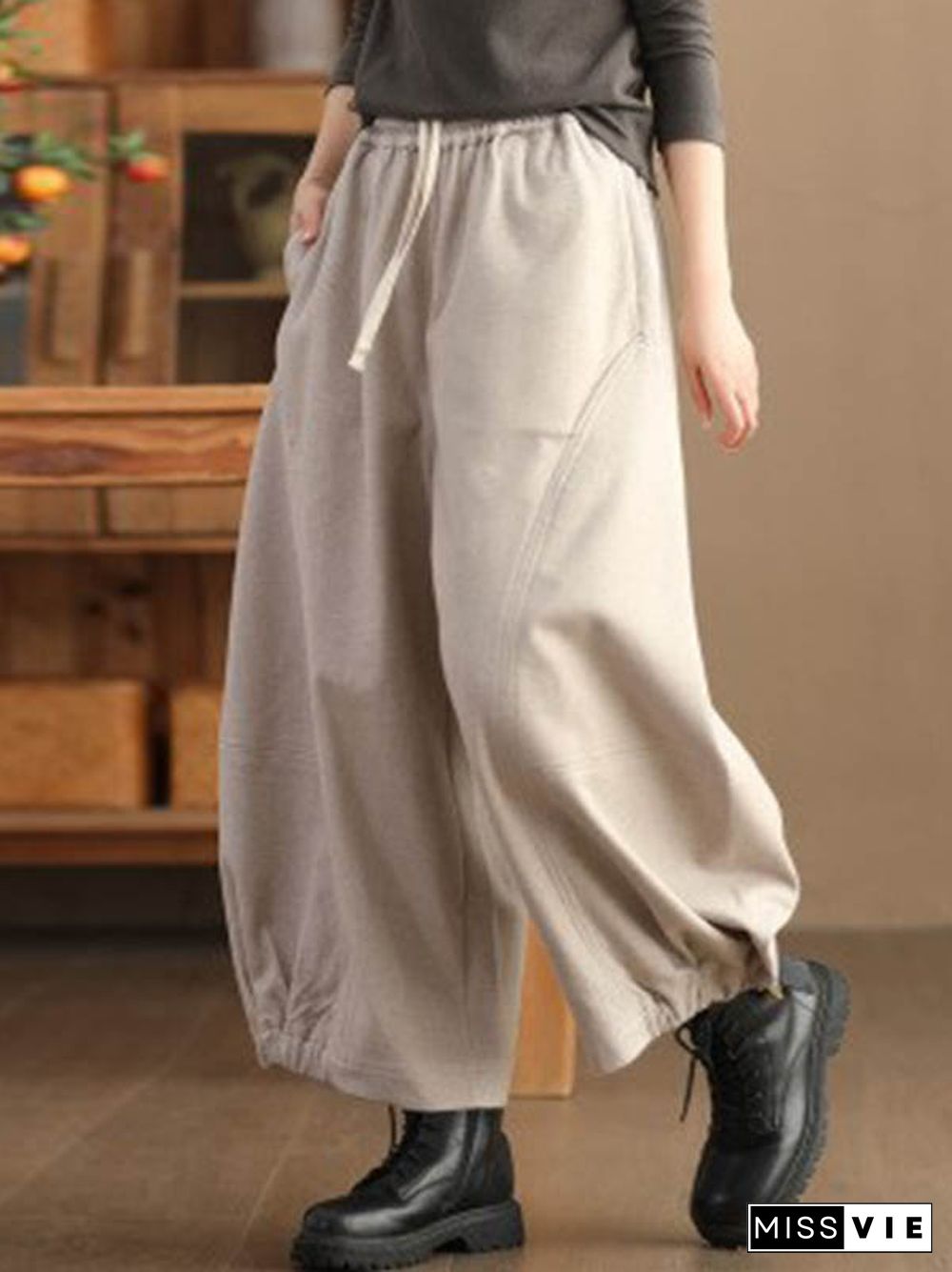 High Waisted Loose Drawstring Elasticity Pleated Solid Color Pants Trousers