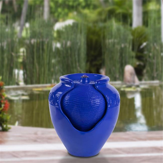 Pure Garden 50-LG1184 Jar Water Fountain - Indoor or Outdoor Ceramic-Look Glazed Pot Resin Water with Electric Pump and LED Lightsand#44; Cobalt Blue