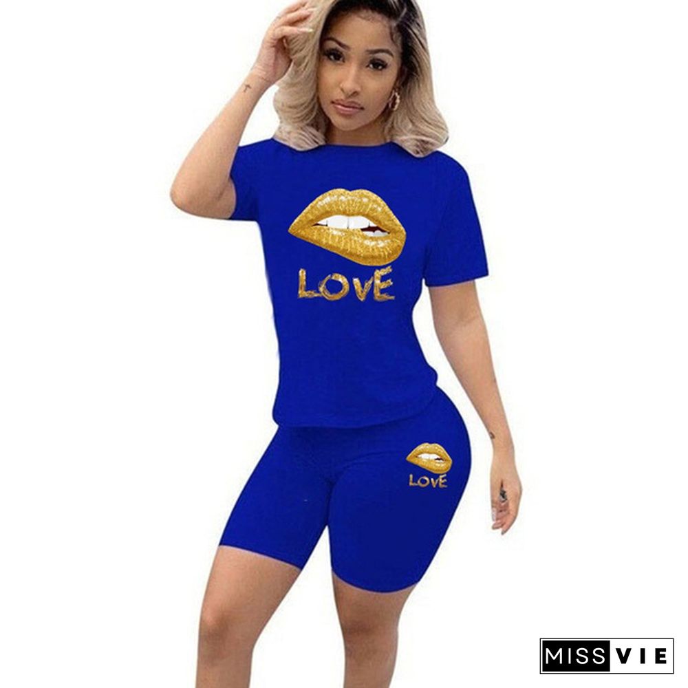 Two-Piece Fashion Womens Clothing Short-Sleeved Crew Neck T-Shirt And Tight-Fitting Shorts Tracksuit Outfit