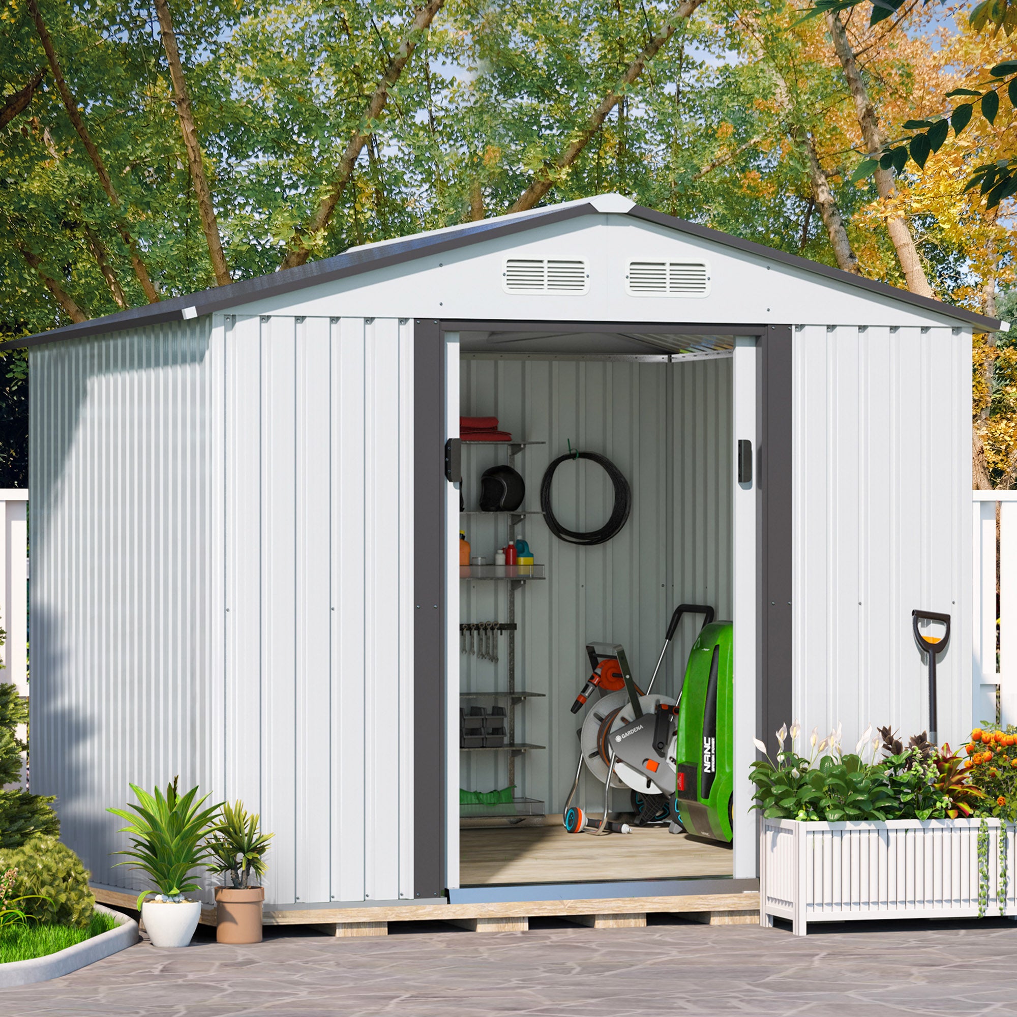 Jaxpety 8' x 8' Outdoor Storage Shed Steel Garden Utility Tool Backyard Building Garage