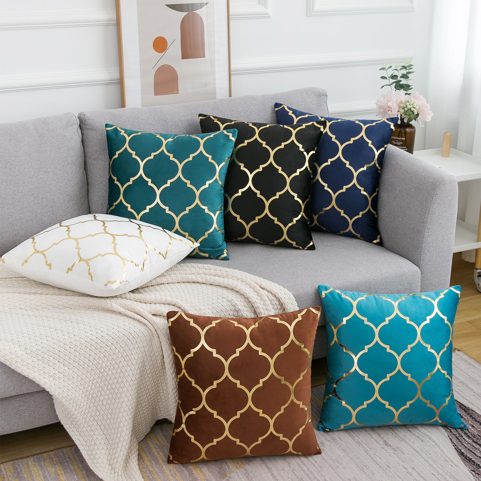 Decorative Throw Pillow Covers Moroccan Quatrefoil Geometric Bronzing Printed Cushion Covers Geometric Design Pillowcase for Sofa Couch Chair Bed Home Deco, Teal, 18 x 18 Inches