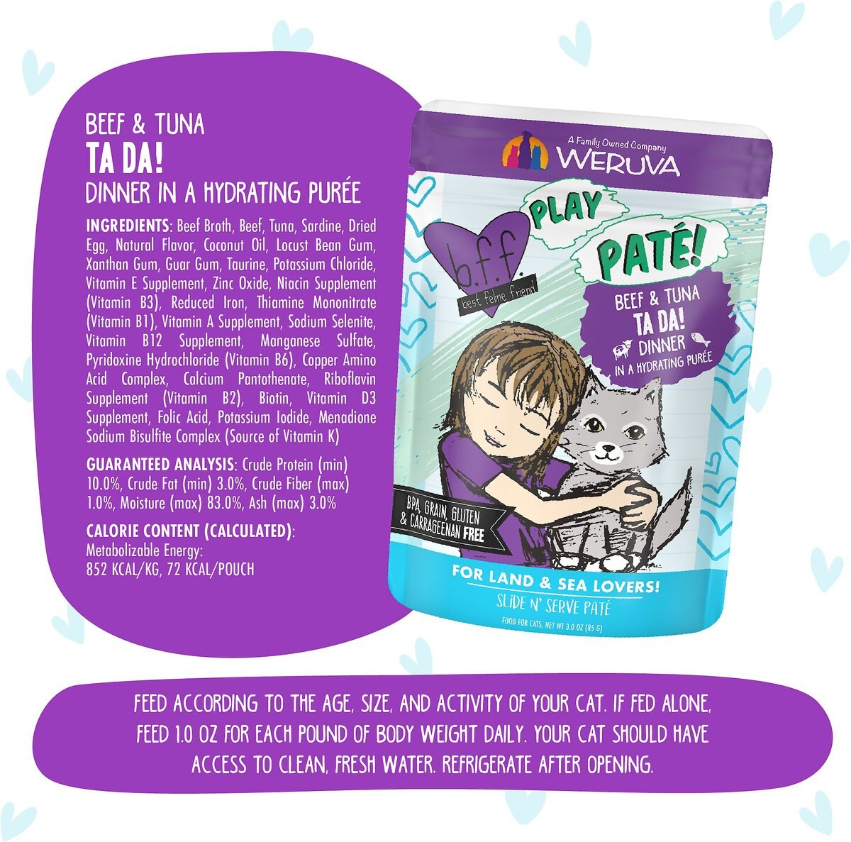 BFF Play Pate Lovers Beef and Tuna Ta Da Wet Cat Food， 3-oz pouch， pack of 12