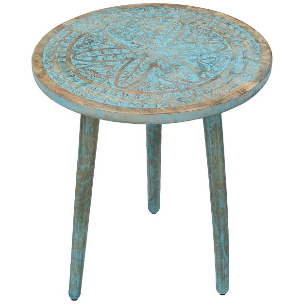 Antique Blue Engraved Wooden Tri Leg Round Side Table