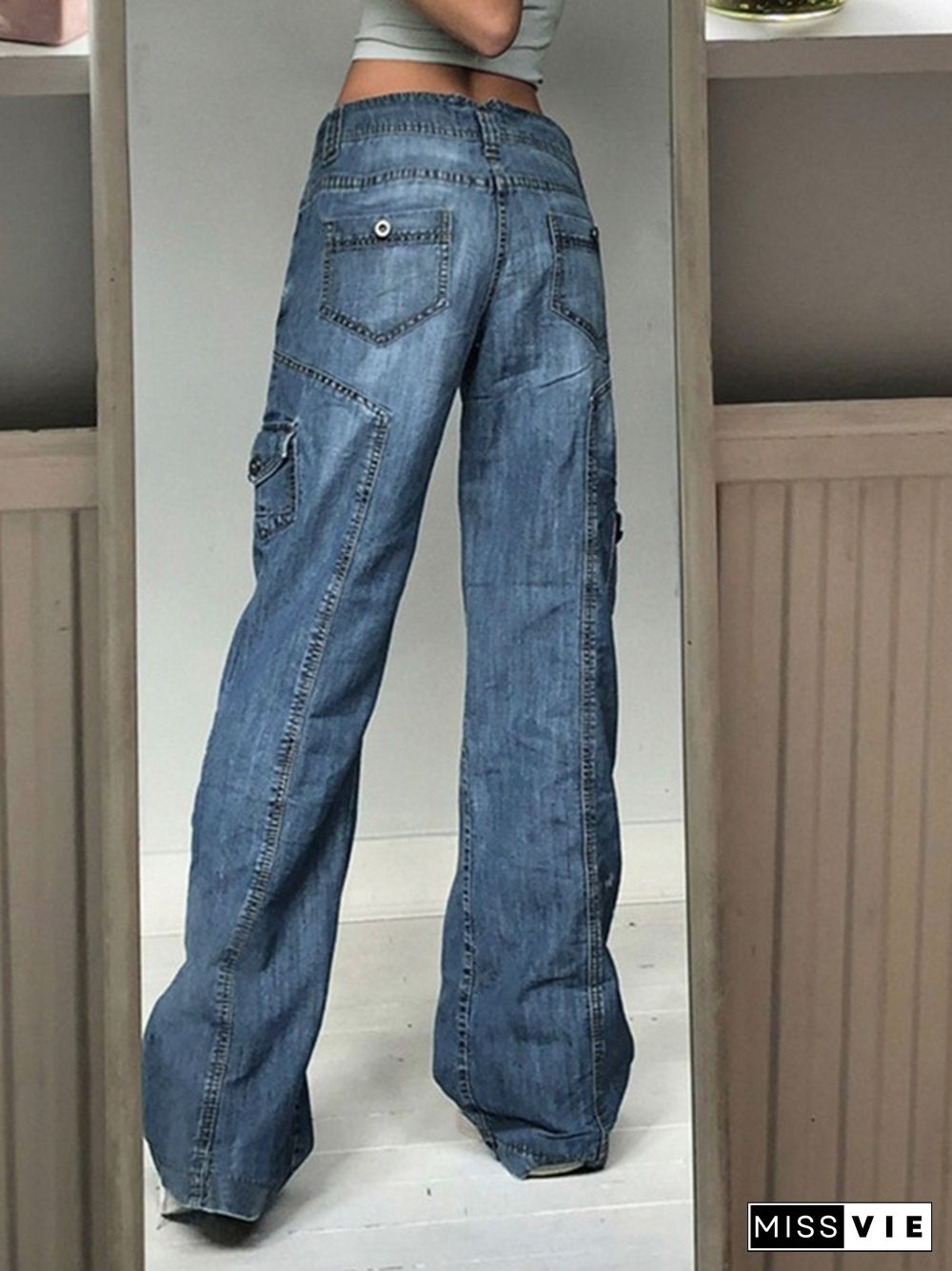 Distressed Multiple Pocket High Waist Cargo Jeans