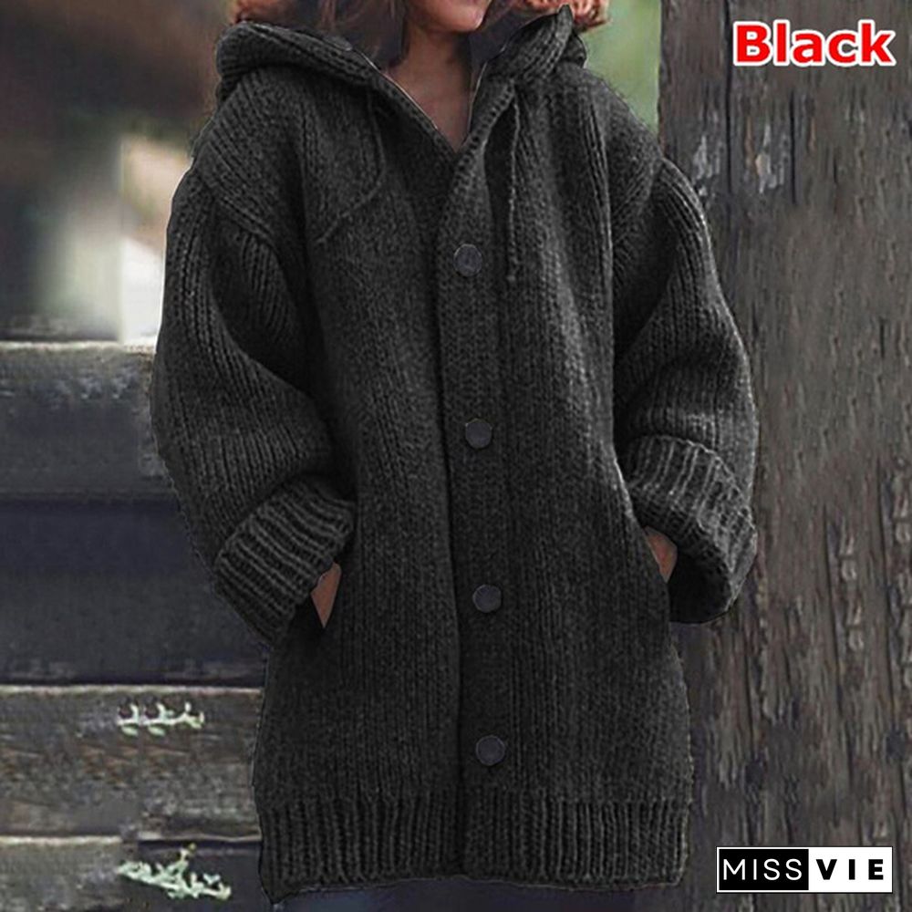 New Autumn Fashion Women Winter Coat Knit Hooded Sweater Loose Mid-length Button Up Knitted Cardigan Jackets for Women Outwear vestidos mujer casacos de inverno feminino