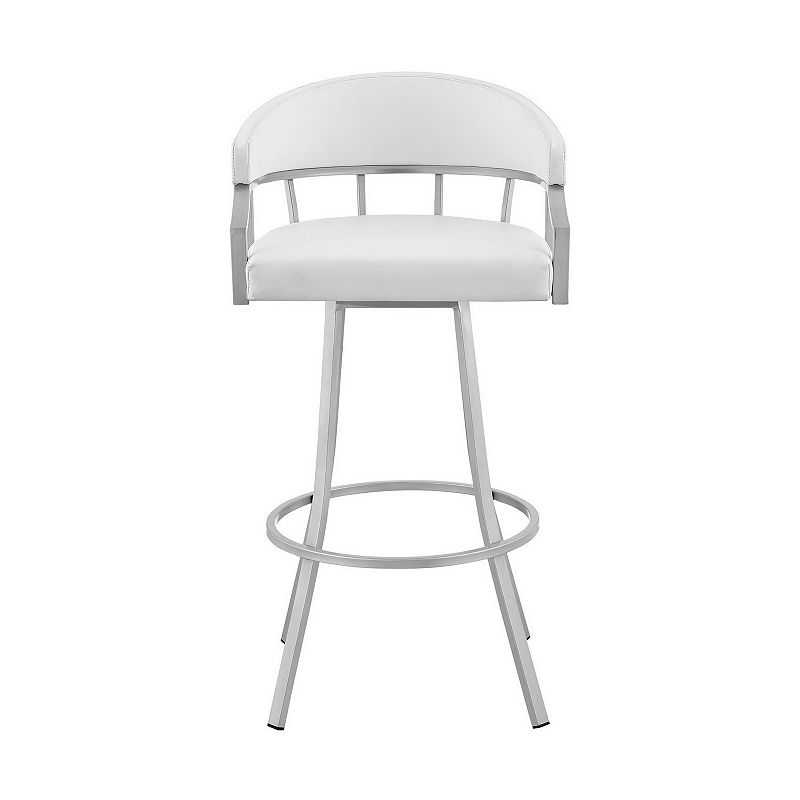 Mayla 30 Inch Swivel Bar Stool， Silver Flared Legs， White Faux Leather