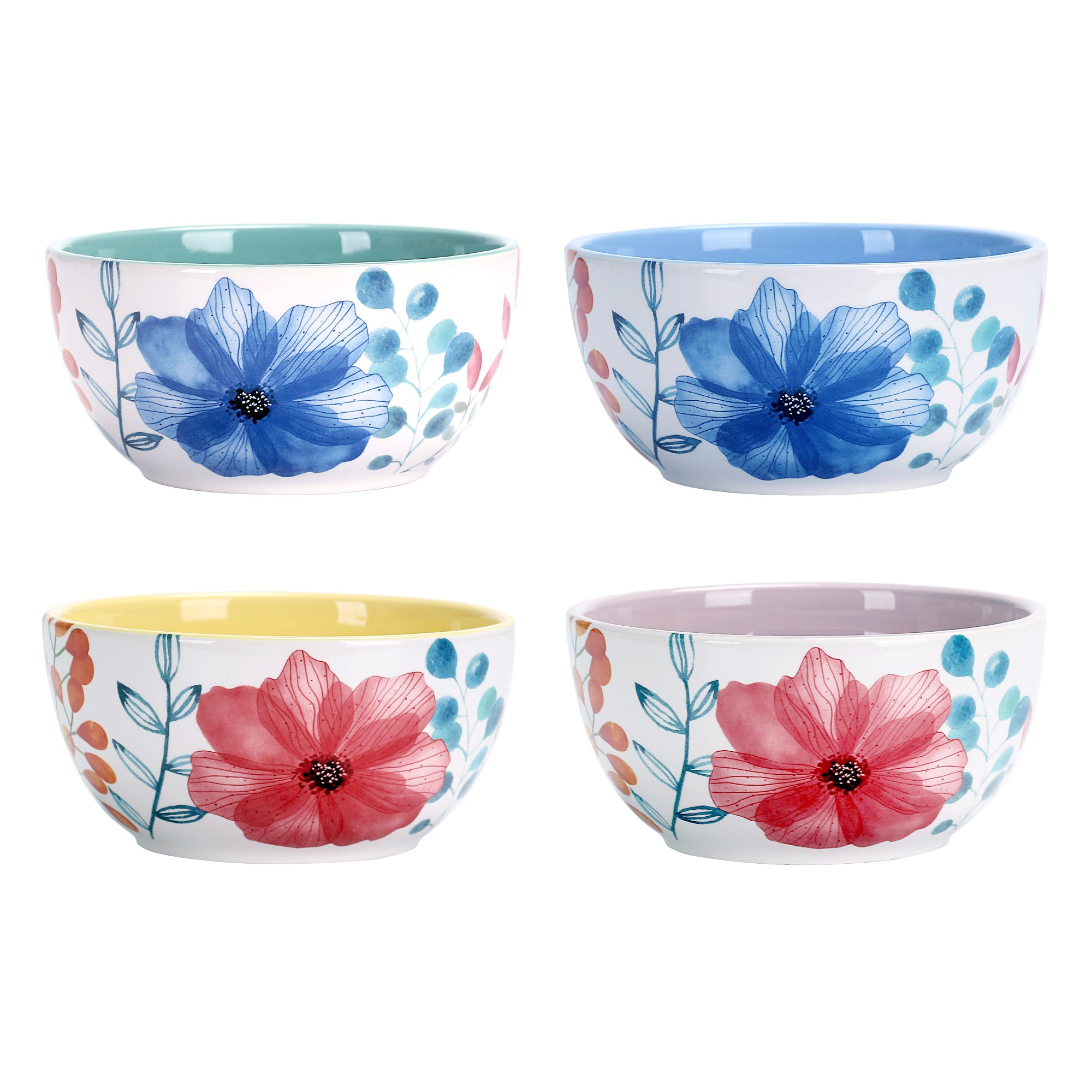 Bico Flower Carnival Ceramic Bowls Set of 4， 26oz， for Pasta， Salad， Cereal， Soup and Microwave and Dishwasher Safe