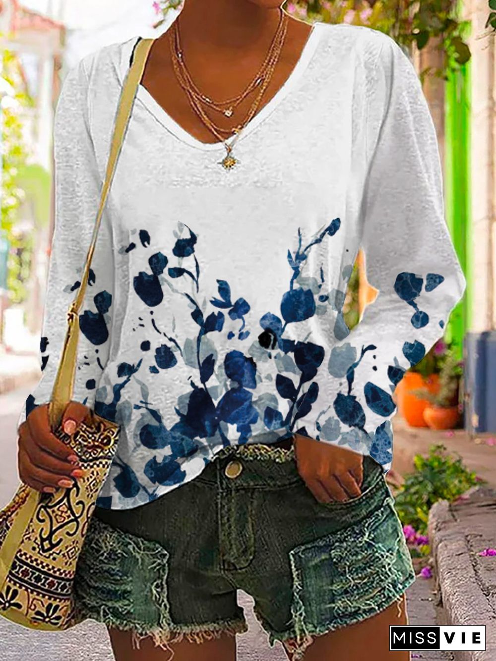 Floral Casual V Neck T-Shirt