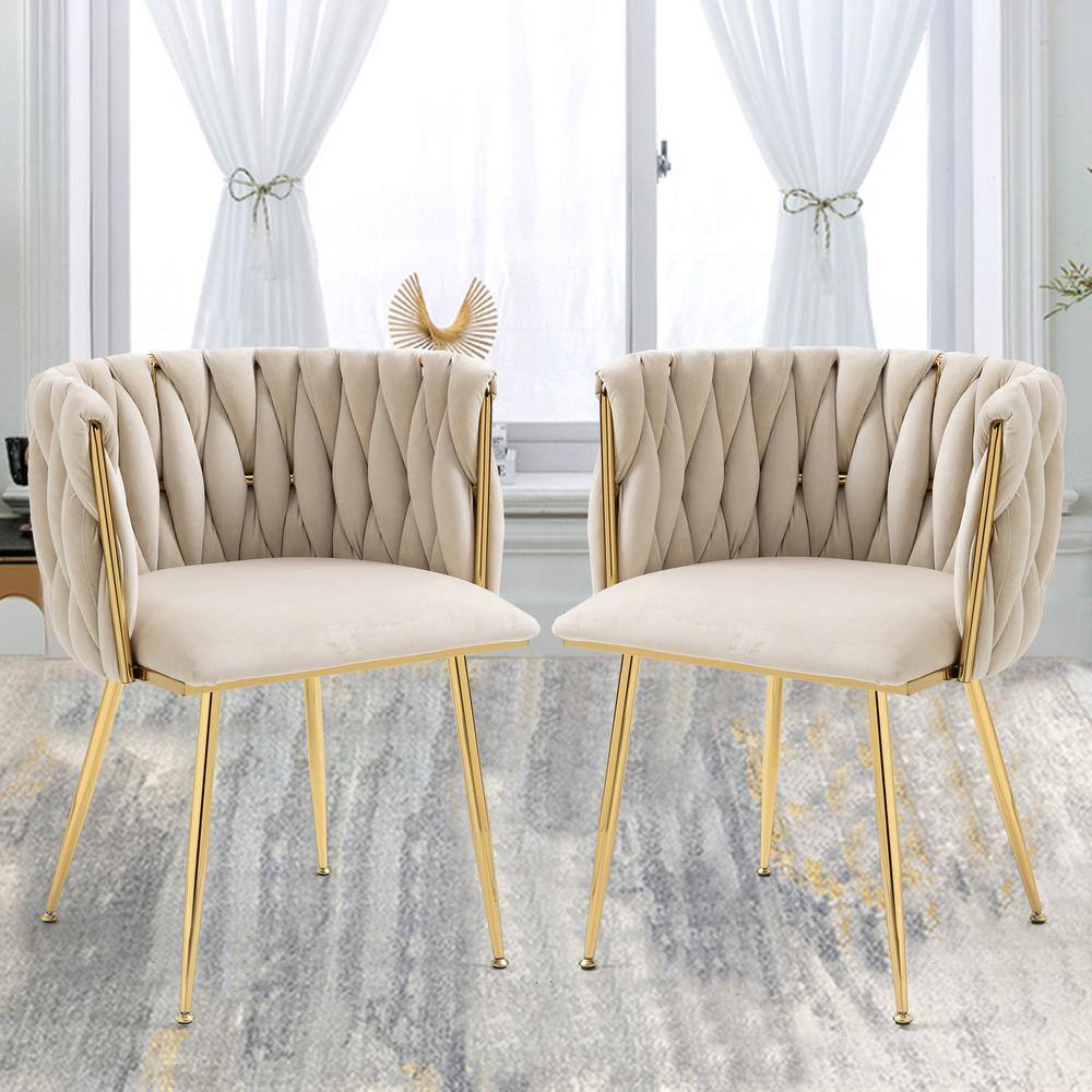 HOMEFUN Modern Ivory Velvet Leisure Dining Arm Chair with Metal Legs (Set of 2) HFHDSN-903IY