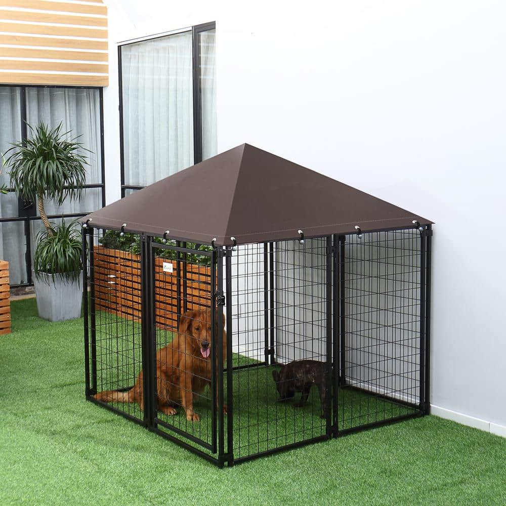 PawHut Black Metal Lockable Dog House Kennel with Water-Resistant Roof D02-031