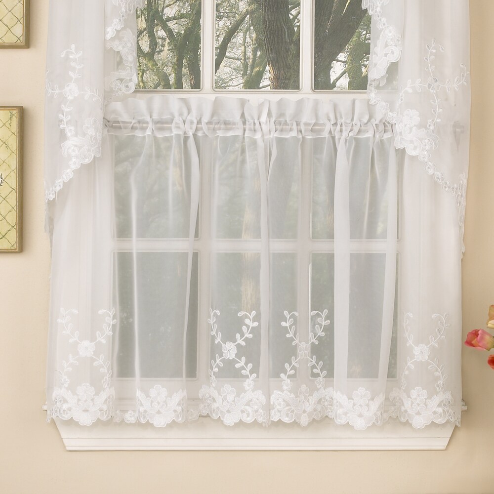 Sheer Voile Embroidered Scrolling Floral Leaf Pattern Window Curtain Pieces   Tiers  Valance and Swag Pair Options