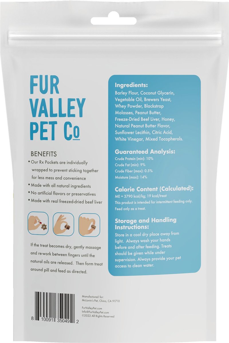 Fur Valley Rx Pockets Peanut Butter Dog Treats， 5.3-oz bag