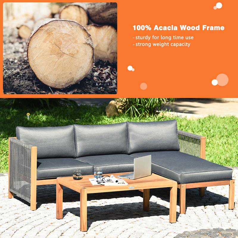 3 Pcs Acacia Wood Patio Conversation Set with Nylon Rope Armrest, L Shape Outdoor Furniture Set