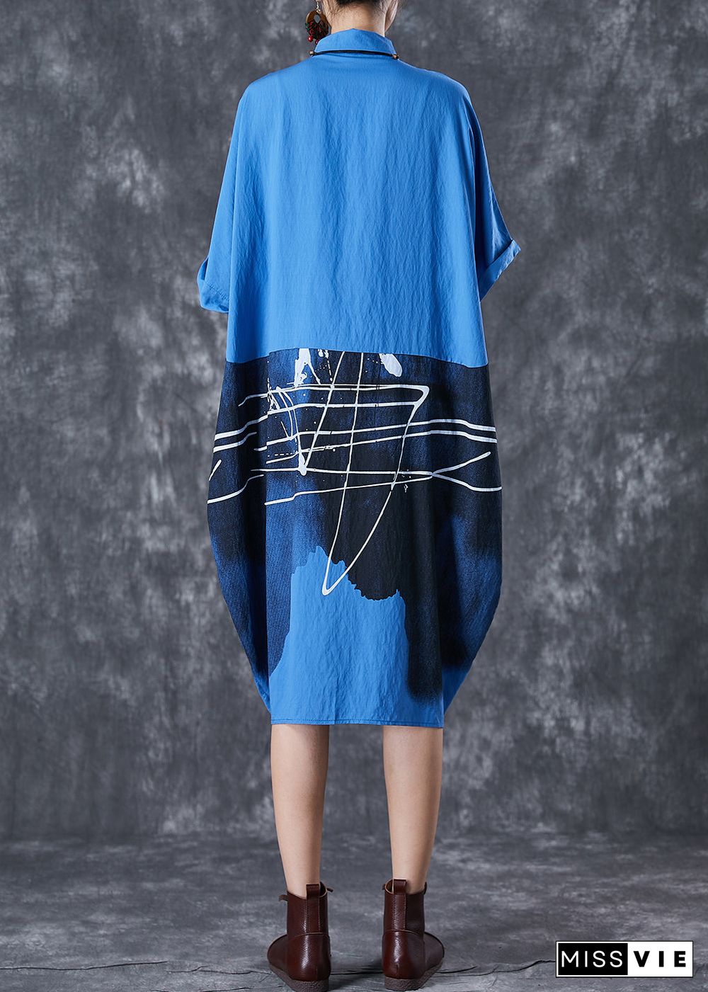 Italian Blue Inkwash Painting Cotton Shirt Dress Summer